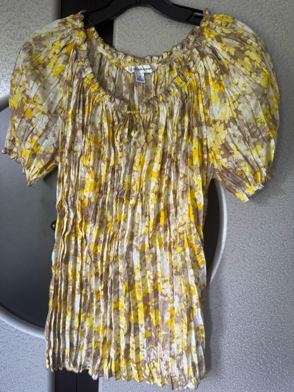 croft & barrow Yellow and Tan Floral Pleated Puff-Sleeve Blouse
